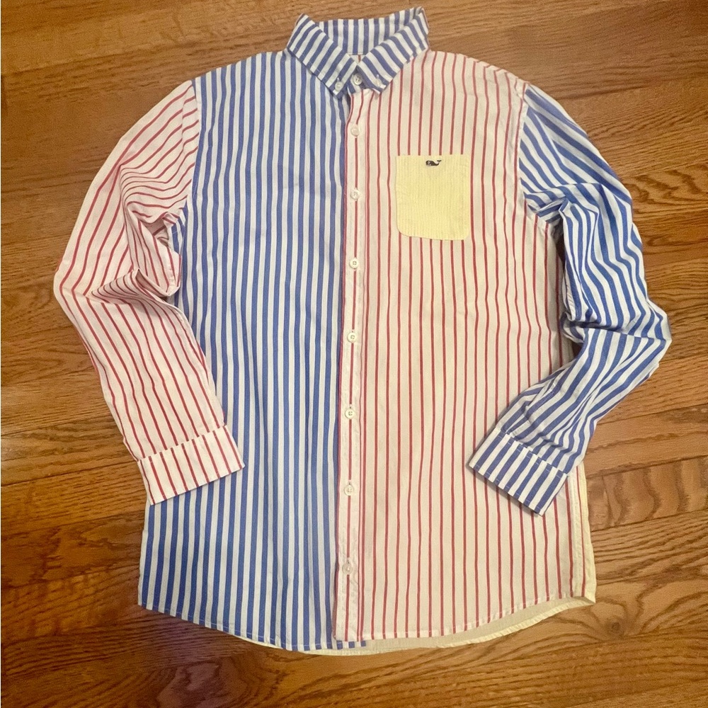 Vinyard Vines Boys Size XL (18) Color Block Red,Blue & Yelloe Whale Logo Oxford